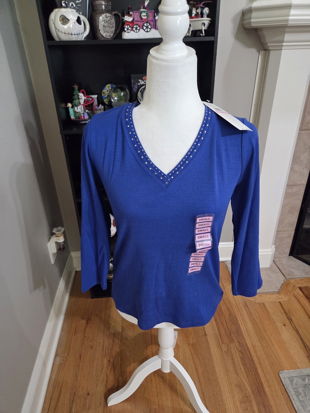 Rafaella Royal Blue V-Neck Long Sleeve Top with Stud Trim